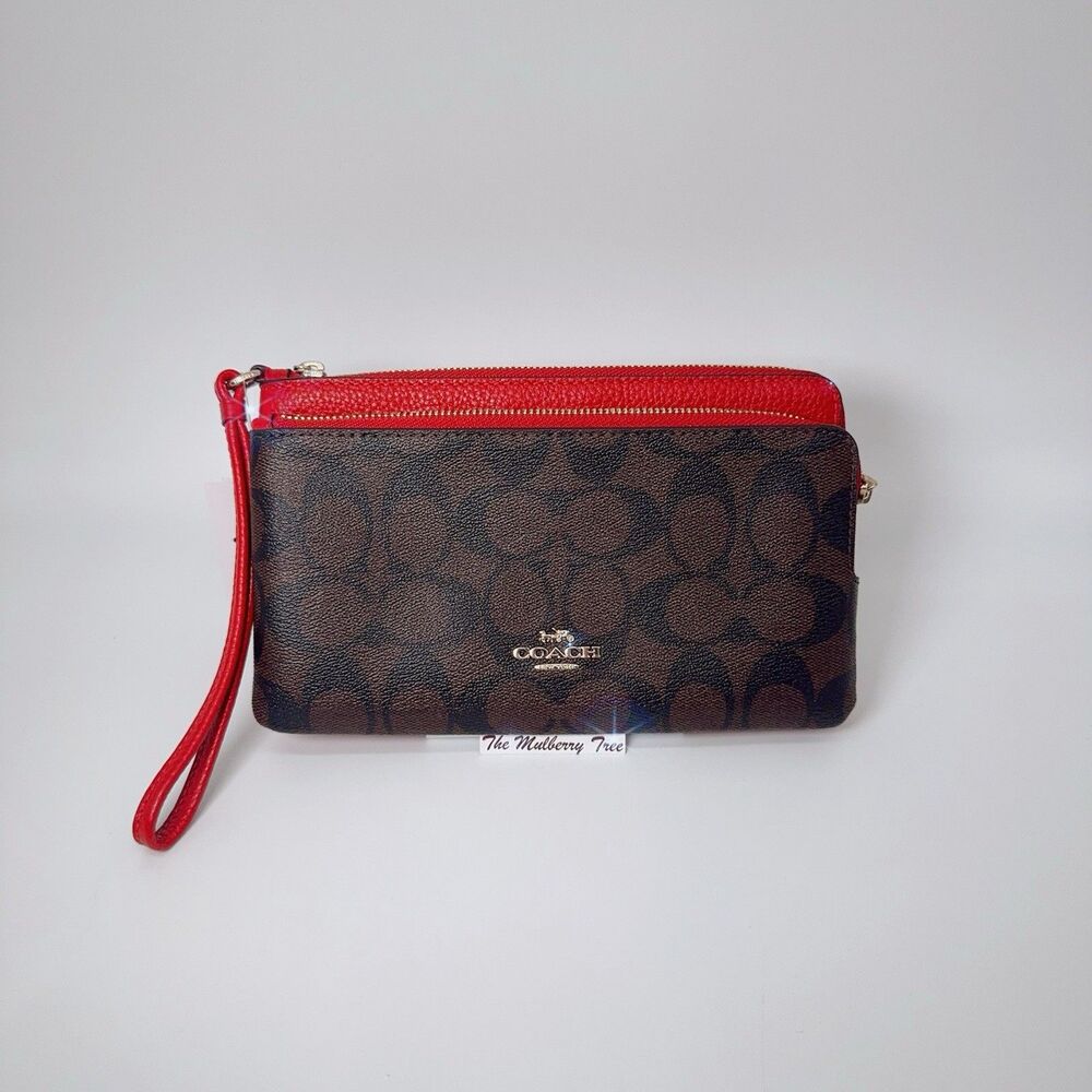 Coach C5576 Double Zip Leather Brown 1941 Red Wristlet Card Wallet Clutch NWT